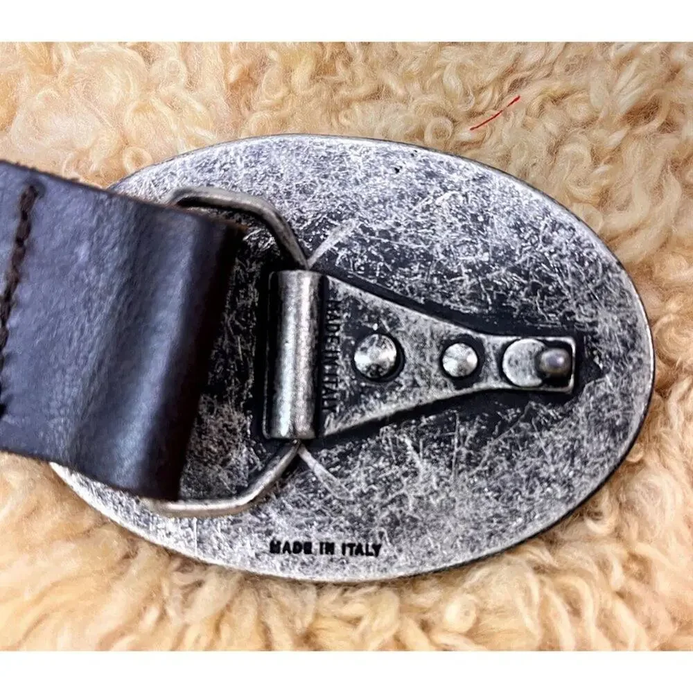 Lee Cowboy Brown Leather Belt With Oval Metal Buckle Made In Italy